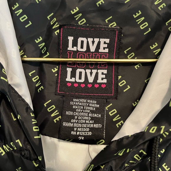 Love Love Love black windbreaker with yellow/green print.  Full zip with hood - Picture 2 of 4